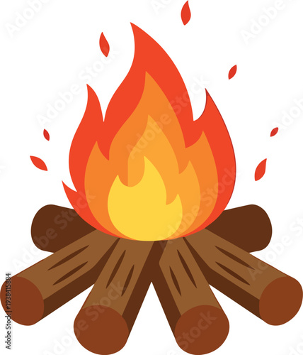 Vibrant campfire burning with orange and red flames on a stack of brown logs also transparent background