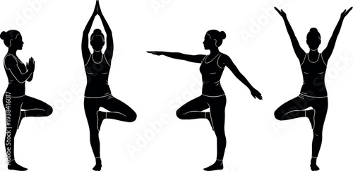 Yoga Tree Pose Silhouettes Set, Woman Practicing Vrikshasana Vector Art, Fitness and Wellness EPS