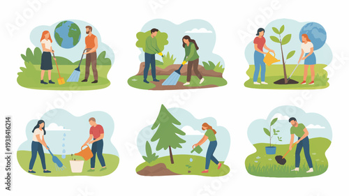 Eco friendly people planting trees and taking care of environment in a green landscape with blue sky