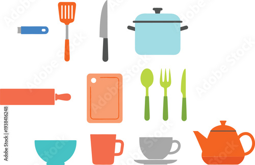 Kitchen Utensils and Cookware Icon Set with Spatula Knife Pot Cutting Board Spoon Fork Bowl Cup Teapot Vector Collection