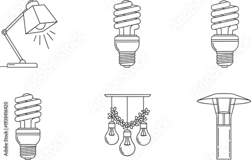 Lighting Equipment and Lamp Icon Set with Desk Lamp, Energy Saving Bulbs, Hanging Light Fixture and Outdoor Garden Lamp Illustration