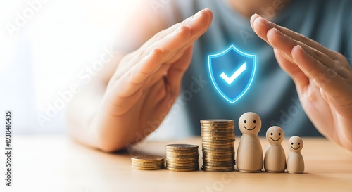 A person shielding a family and coins with a glowing blue shield