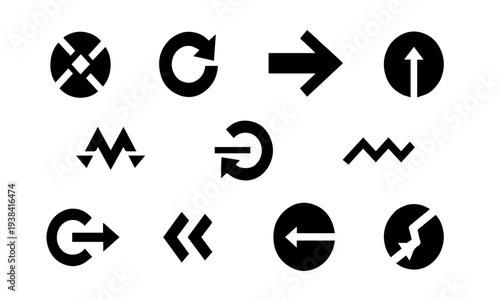 Bold Navigation Arrow Vector Sign Set including circular refresh symbols, zig-zag lines, and directional pointer icons for infographic interface web design.