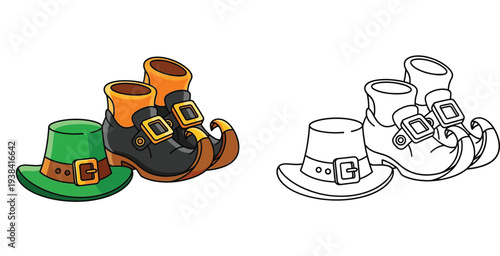 St. Patrick's Day Cartoon Illustration: Leprechaun Hat and Shoes Duo - Festive Holiday Graphic