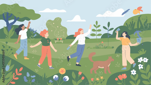 People enjoying outdoor activities in harmony with nature surrounded by flowers and a dog in a serene green landscape with trees and a blue sky