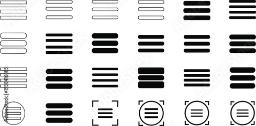 Menu List and Text Alignment Icon Set with Horizontal Bars, Navigation Menu Symbols, and UI Interface Elements for Web and Mobile Design