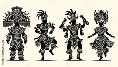 Bahamian Junkanoo Parade Performer Silhouettes in Traditional Costume