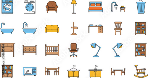 Home Furniture and Household Appliance Icon Set Featuring Sofa, Bed, Washing Machine, Bathtub, Desk, Lamp, Bookshelf, and Kitchen Sink