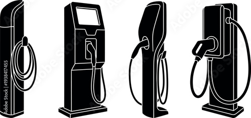 Set of Four Electric Vehicle Charging Station Silhouettes for EV Infrastructure Vector Illustration