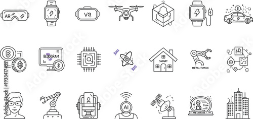 Collection of modern technology icons representing innovation across various digital sectors