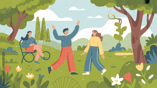 People enjoying nature ecology and inclusivity in a vibrant green park with flowers and trees promoting environmental awareness and social interaction