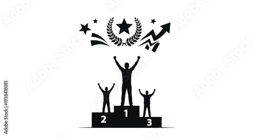 Celebratory scene with a victorious figure and podium featuring a silhouette