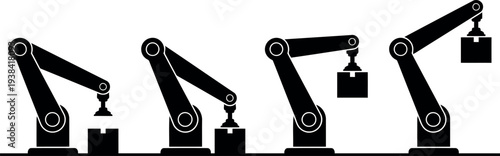 Industrial Robotic Arm Silhouette Set for Factory Automation and Logistics, Scalable Vector Art EPS