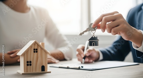 A person handing over house keys to another person at a table with a small wooden house model