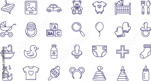 Baby Care Line Icon Set Featuring Stroller, Pacifier, Bottle, Teddy Bear, Toy Blocks, Baby Clothes, Diaper, and Nursery Essentials