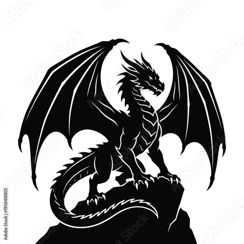 Dragon on Rock Perched Silhouette Vector. Mythical Beast Rocky Outcrop Black Silhouette. Guardian Creature Wings Partially Open Clip Art Illustration.