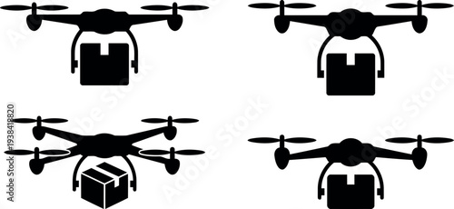 Set of Delivery Drone Silhouette Icons, Vector Art for Logistics and E-commerce, Scalable EPS and SVG