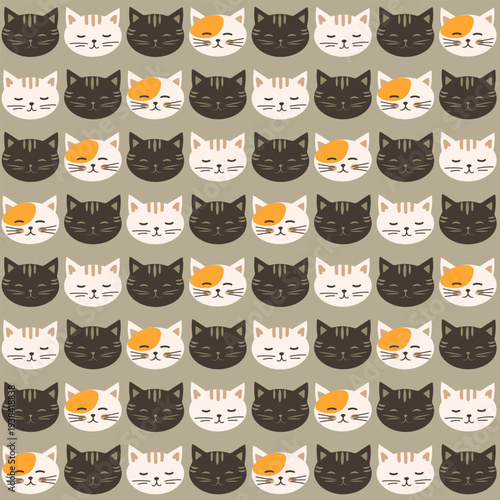 Cute cat face repeat pattern with simple flat design, seamless vector background