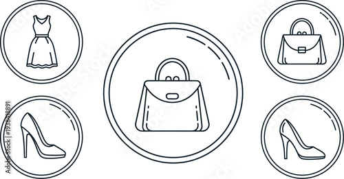 Collection of line art icons representing various women's fashion accessories and clothing items