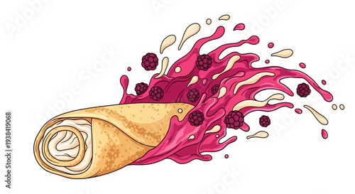 A vibrant crepe filled with cream and bursting with juicy berries, splashing berry sauce and cream, from a dynamic side viewpoint