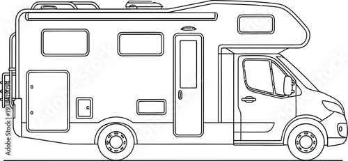 Outline drawing of a recreational vehicle showing side view amenities for modern camping travel