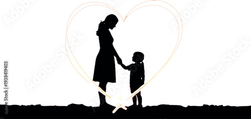 Silhouette of mother and child holding hands under glowing heart shape at sunset