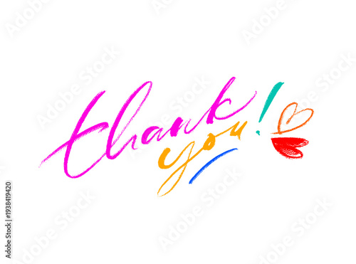 Colorful thank you banner or thank you card with hearts. Hand written crayon lettering polite phrase. Common words for web, stickers, e-commerce, banners and cards.