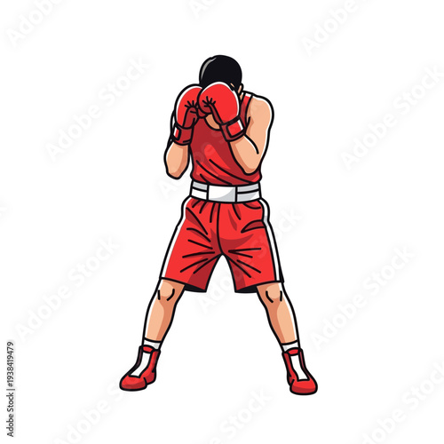 Boxer in Red Uniform, Defensive Stance, Boxing Gloves, Ready to Fight