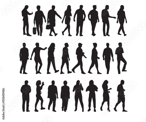 A group of  silhouettes of people walking and standing in various poses