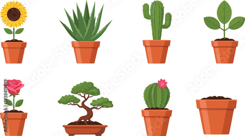Potted Plants and Indoor Houseplants Icon Set with Cactus, Aloe, Bonsai, Rose, Sunflower and Decorative Flower Pot Collection