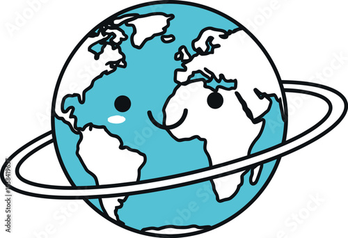 Cute cartoon earth globe character with happy face and orbiting ring illustration
