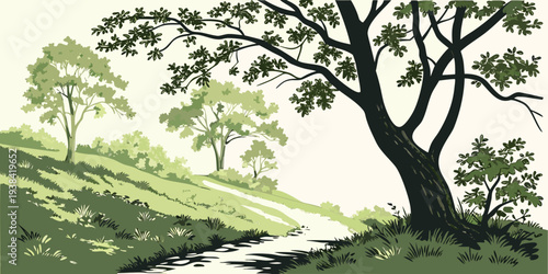 A serene landscape with a tree standing tall by the riverbank, reflecting nature's tranquility Vector