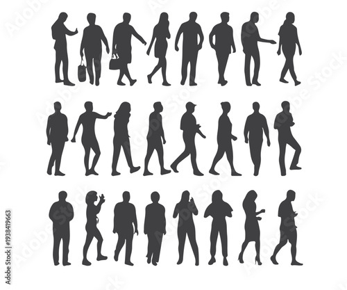 A group of  silhouettes of people walking and standing in various poses