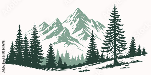 Majestic mountain range with snow-capped peaks and dense forest at the base Vector