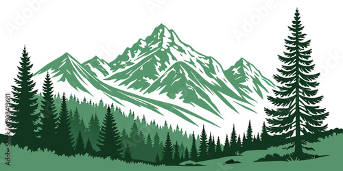 Majestic mountain range with dense forest and snow-capped peaks under clear sky Vector