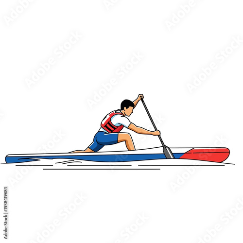 Canoeing Athlete Paddling Kayak Boat on Water, Athletic Sport Illustration