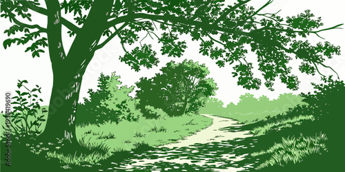 A serene landscape with a winding path leading to a tranquil pond surrounded by lush greenery. Vector