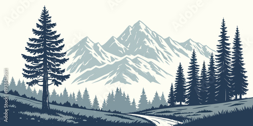 Majestic mountain landscape with dense forest and snow-capped peaks under clear sky Vector