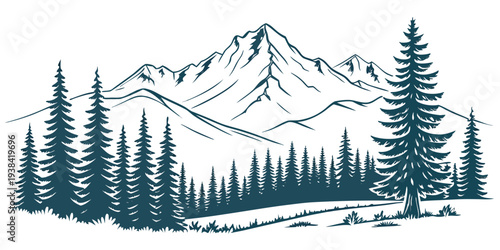 Majestic mountain landscape with dense forest and snow-capped peaks Vector