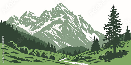 Majestic mountains rise above a lush green valley in a stunning landscape Vector