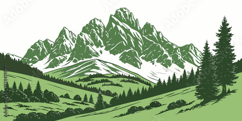 Majestic mountain range with lush green trees and rolling hills in the distance Vector