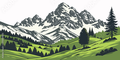 Majestic mountain range with snow-capped peaks and lush green valleys below. Vector