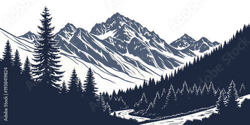 Majestic snow covered mountains with a forest in the foreground during winter Vector