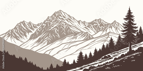 Snow covered mountain range with trees and a clear sky in the background Vector