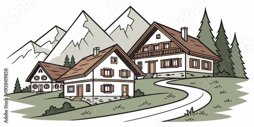 A picturesque village nestled in the mountains with a winding road and charming houses Vector