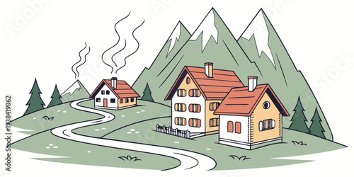 A picturesque mountain village with a cozy house surrounded by nature. Vector