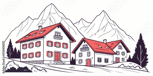 A picturesque mountain village with charming houses and snow-capped peaks Vector