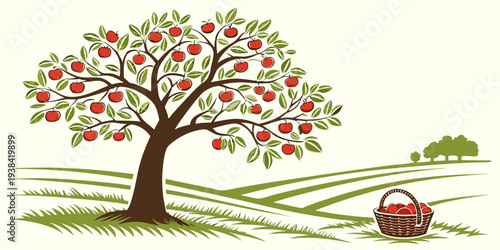 A vibrant tree with colorful leaves standing in a lush green field Vector