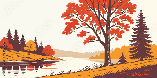 A serene autumn landscape with vibrant trees and a calm lake reflecting the colors. Vector
