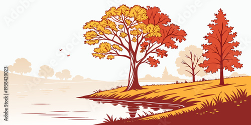 A serene landscape with vibrant autumn trees reflecting on a calm lake Vector